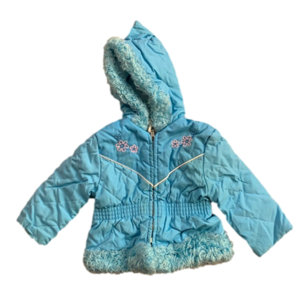 Vintage 70s Faux Fur Trim Floral Embroidery Zip Up Hooded Ski Coat 18 Months
